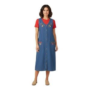 Denim Maxi Jumper Dress Christmas Holiday Embroidered Pockets L Westbound READ